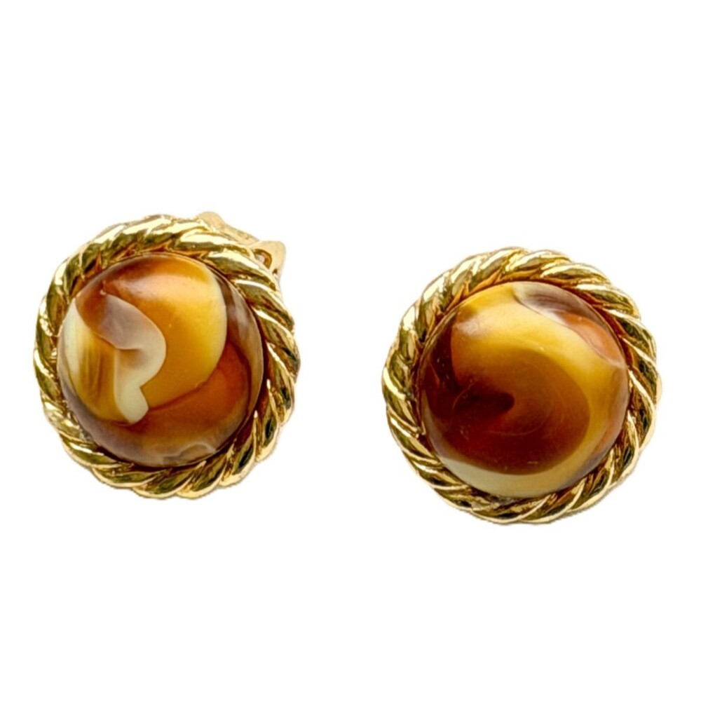 Vintage Gold Tone Tortoise Amber Swirl Lucite Cabochon Twisted Rope Clip Earring